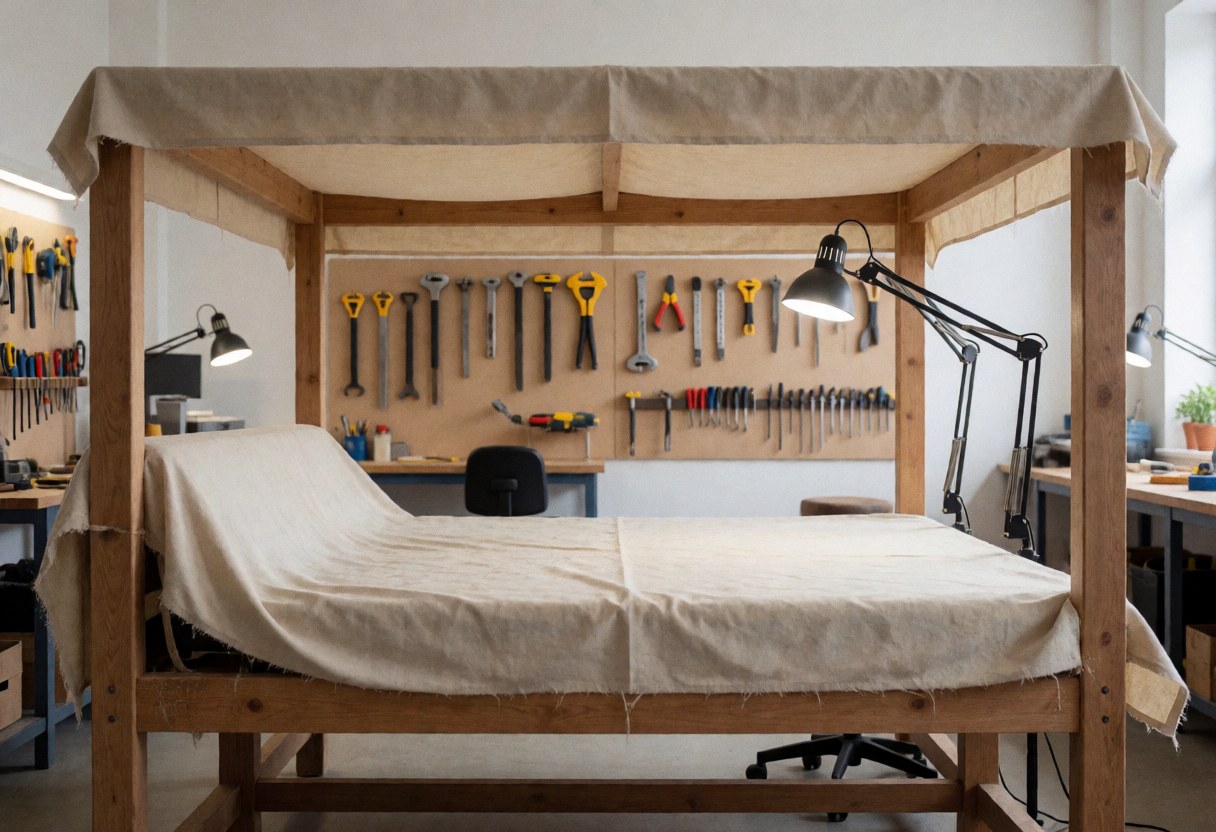 Empty upholstery workshop featuring a large wooden frame draped with fabric, tools hanging on the wall, and bright work lights illuminating the organized space.
