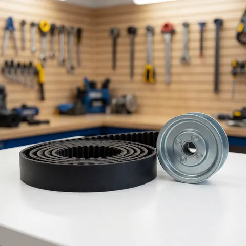 New black belt and metal pulley on a white table with workshop tools hanging on a light wood wall in the background