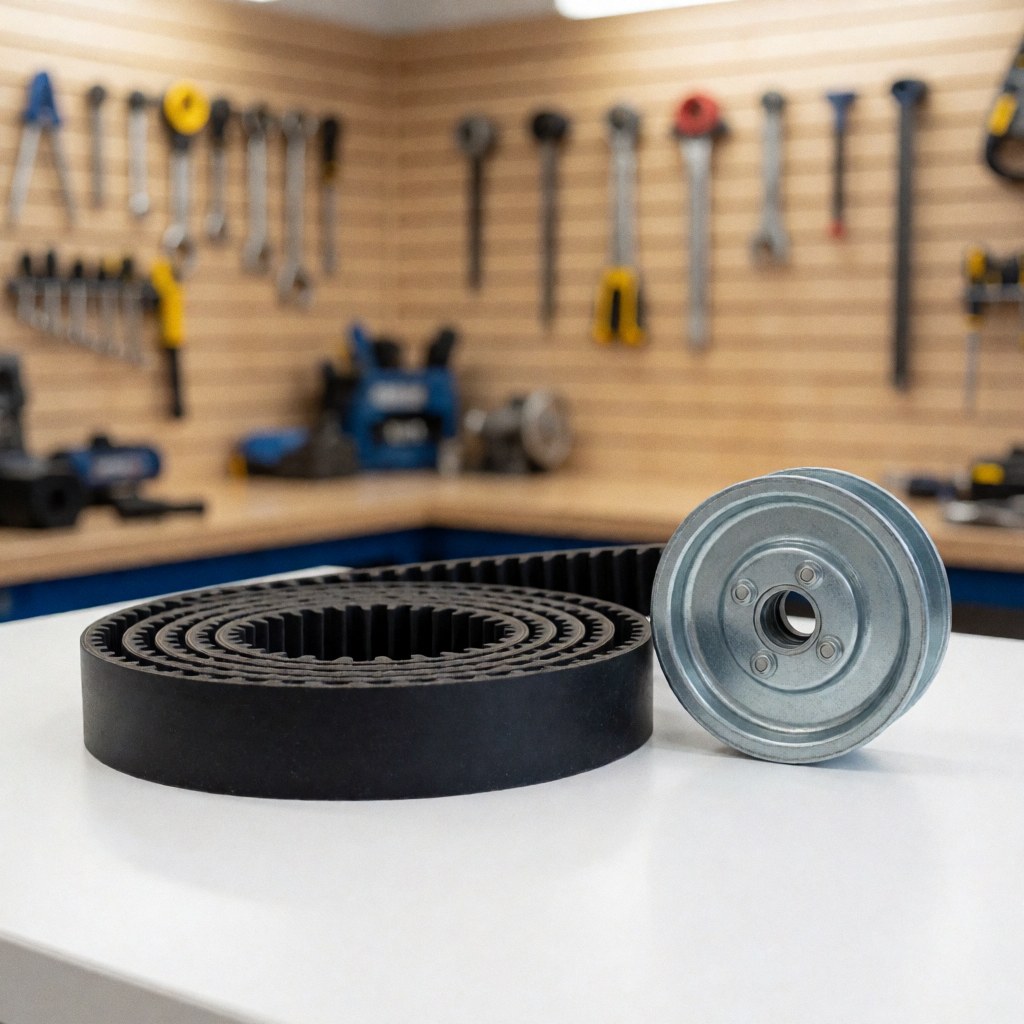 New black belt and metal pulley on a white table with workshop tools hanging on a light wood wall in the background