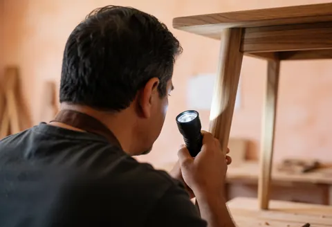 Professional carpenter examines wooden table structure with flashlight in workshop with terracotta plaster walls