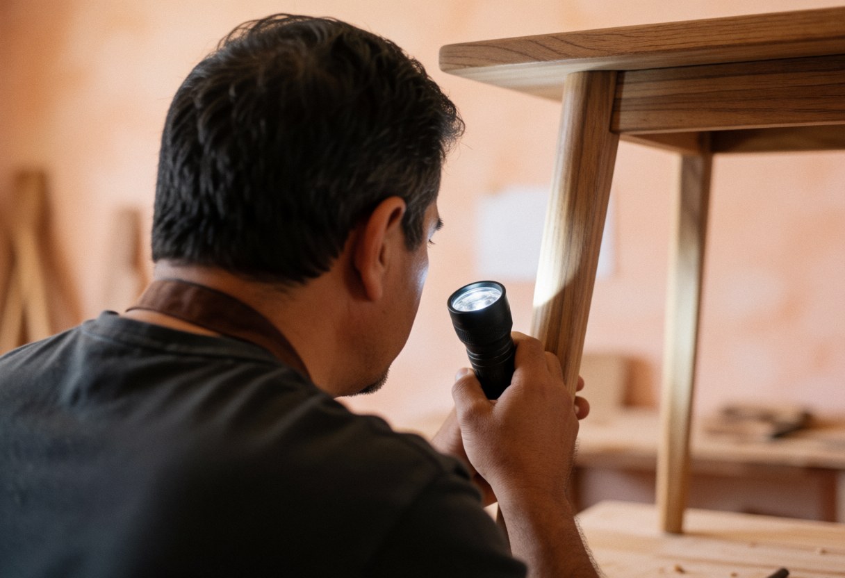 Professional carpenter examines wooden table structure with flashlight in workshop with terracotta plaster walls