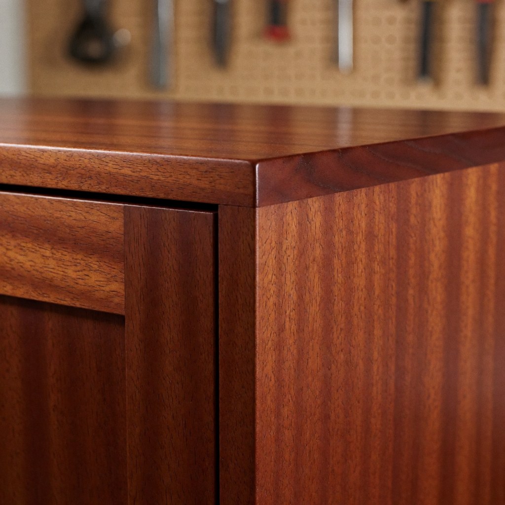 Close-up of a polished wooden latch and repair tools on a work surface, highlighting professional furniture restoration and quality craftsmanship.