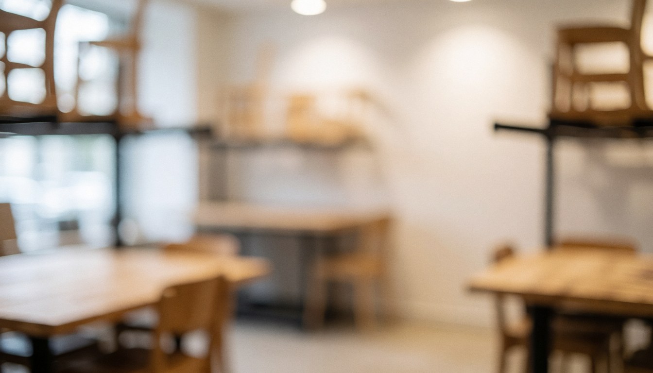 Blurred background of a furniture repair workshop with wooden tables and chairs on shelves, white walls, and warm diffused light, ideal for text overlay.