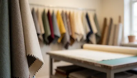 Colorful upholstery fabrics hanging in a workshop with a cutting table and natural light, ideal for text overlay
