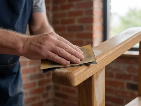 Close-up of an adult hand sanding a piece of furniture wood with sandpaper in a workshop with a brick wall and natural light.
