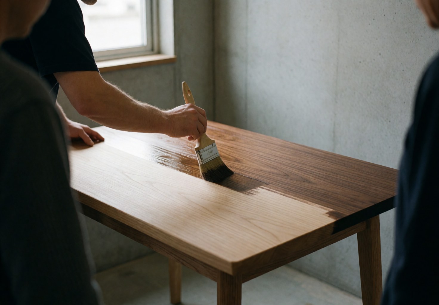 A craftsman applies walnut wood stain to a light wooden table in a workshop with concrete walls and natural light highlighting the finish.