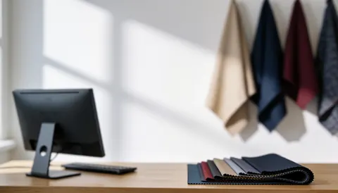 Professional tailor shop reception area featuring hanging fabric swatches and a computer on a wooden desk, suitable for text overlay.