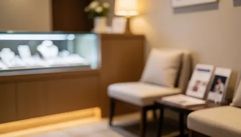 Soft focus background of a modern waiting area featuring an illuminated jewelry display, comfortable seating, and a side table with brochures.