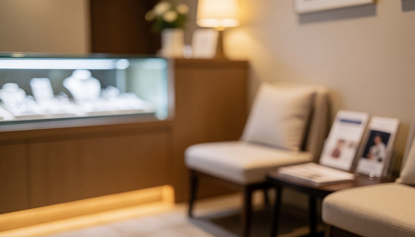 Soft focus background of a modern waiting area featuring an illuminated jewelry display, comfortable seating, and a side table with brochures.