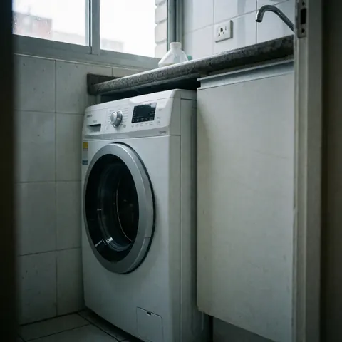 Modern white washing machine installed under a granite countertop with white tiled walls and natural window light