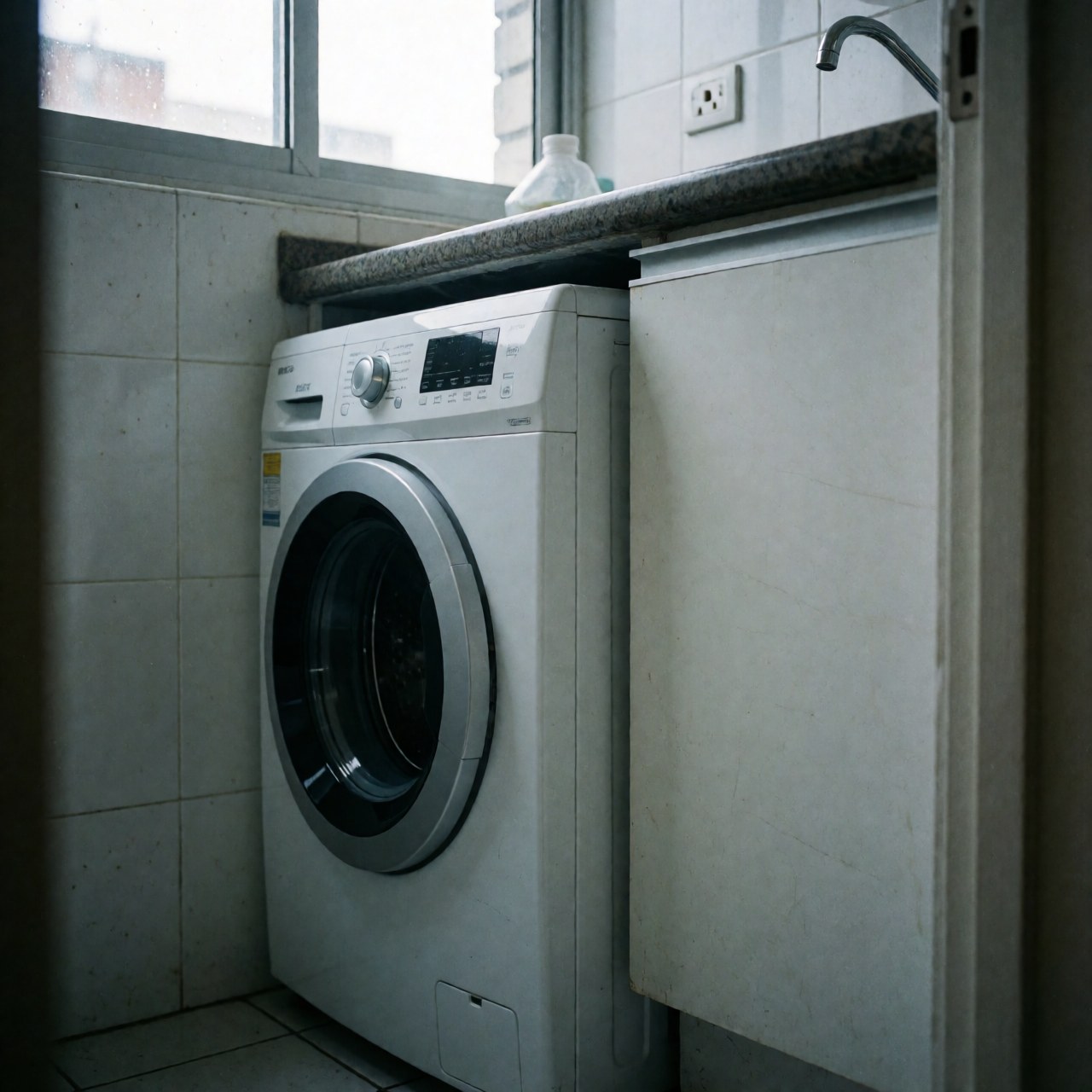 Modern white washing machine installed under a granite countertop with white tiled walls and natural window light