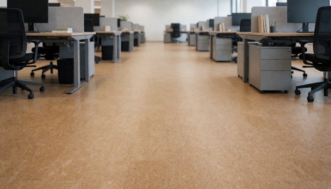 Beige cork floor in a modern office with ergonomic desks and chairs, creating a professional and acoustic environment for business use