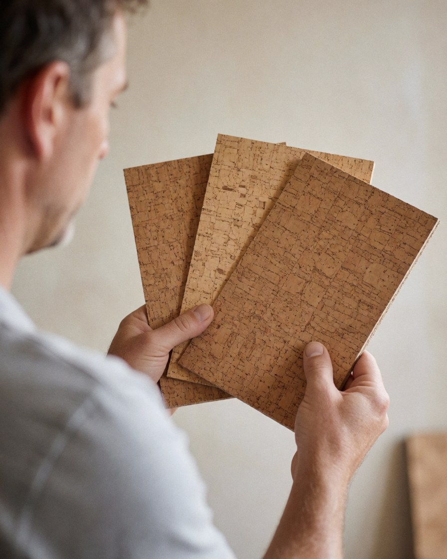 A professional installer holds and compares three cork flooring samples against a neutral wall to show texture and natural color.