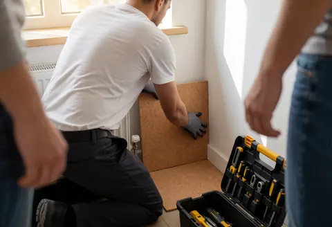 Installer placing a cork floor tile in a corner near a radiator with tools organized in a nearby box during a home installation project.