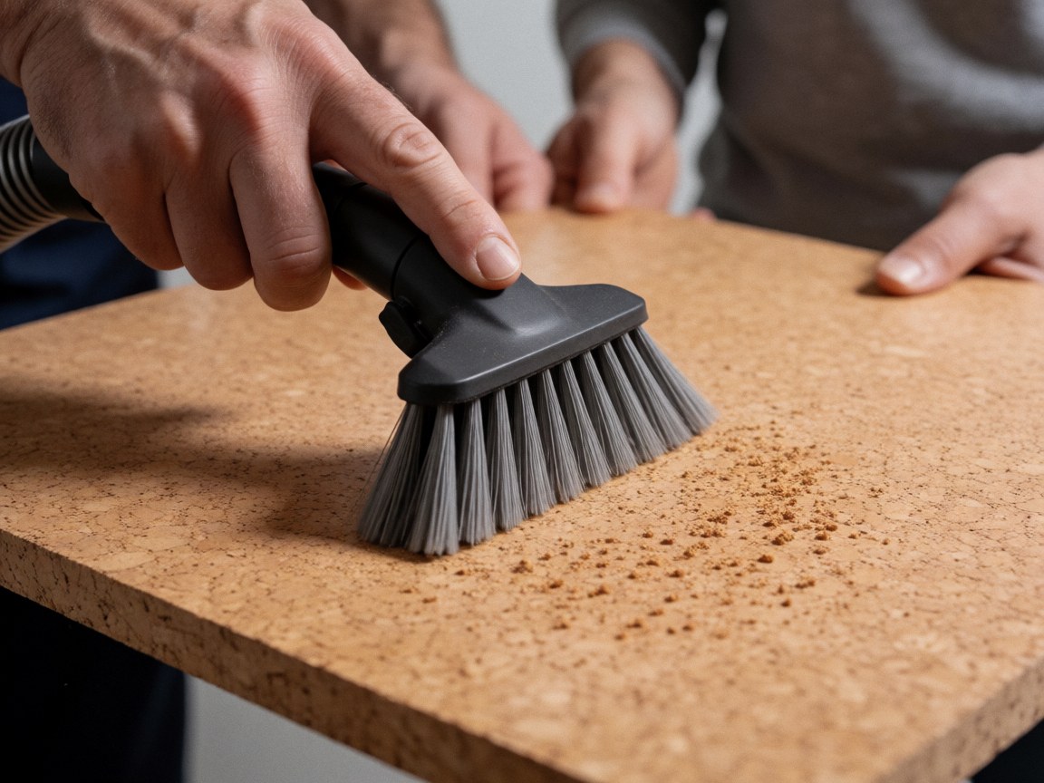 Close-up of a vacuum brush cleaning a cork floor with visible dust, showing natural texture and professional cleaning in progress.
