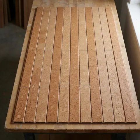 Rows of cork flooring planks laid out on a wooden workbench with natural texture and soft shadows for installers