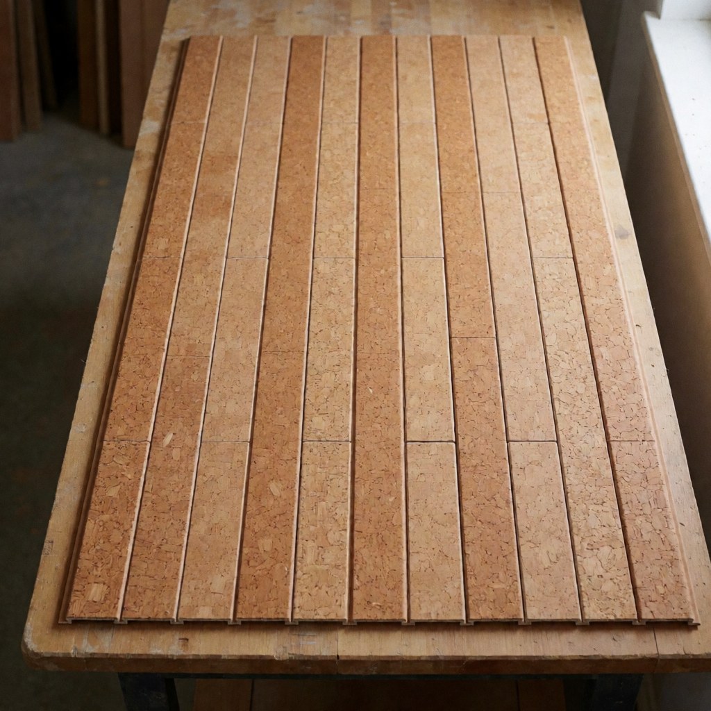 Rows of cork flooring planks laid out on a wooden workbench with natural texture and soft shadows for installers
