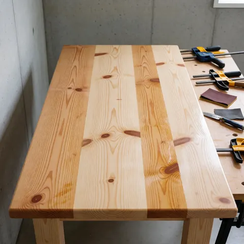 Refinished pine table on a workbench with clamps and sandpaper, showing visible grain and glossy finish against concrete walls