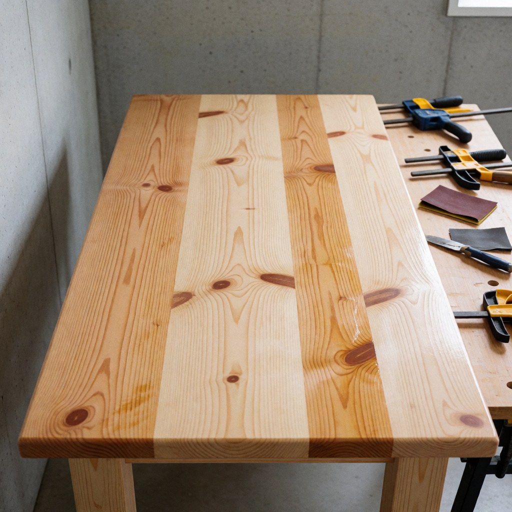 Refinished pine table on a workbench with clamps and sandpaper, showing visible grain and glossy finish against concrete walls