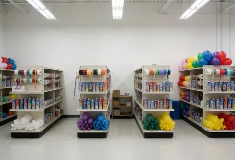 Shelves stocked with colorful balloons, ribbons, and helium tanks in a well-lit, organized storage room for event decoration supplies.