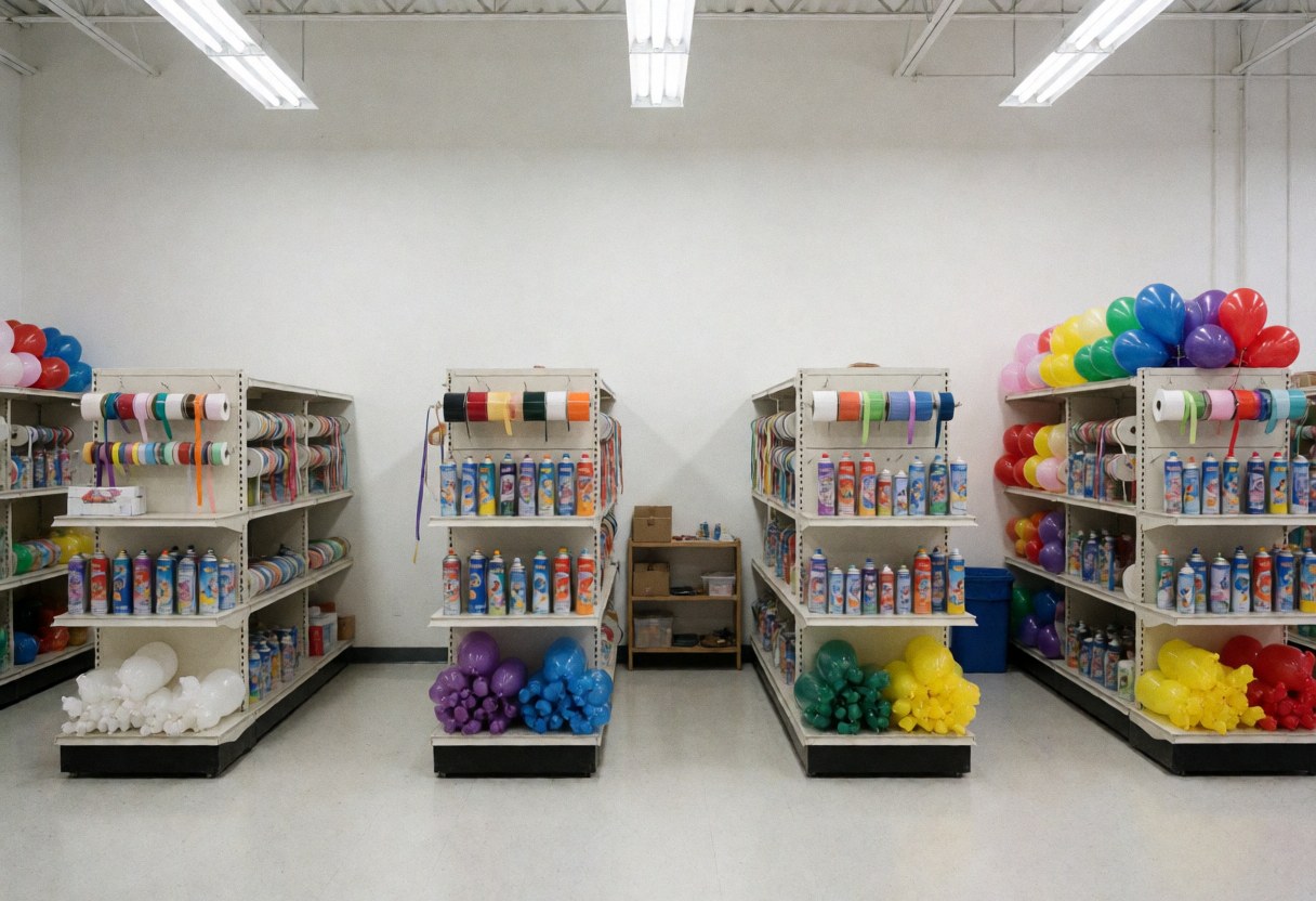 Shelves stocked with colorful balloons, ribbons, and helium tanks in a well-lit, organized storage room for event decoration supplies.