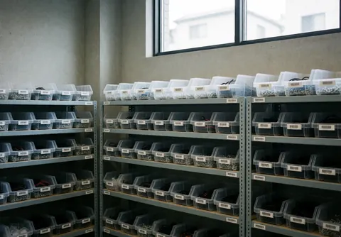 Neatly arranged metal shelves holding labeled plastic containers in a clean, well-lit computer repair workshop with polished concrete floors.