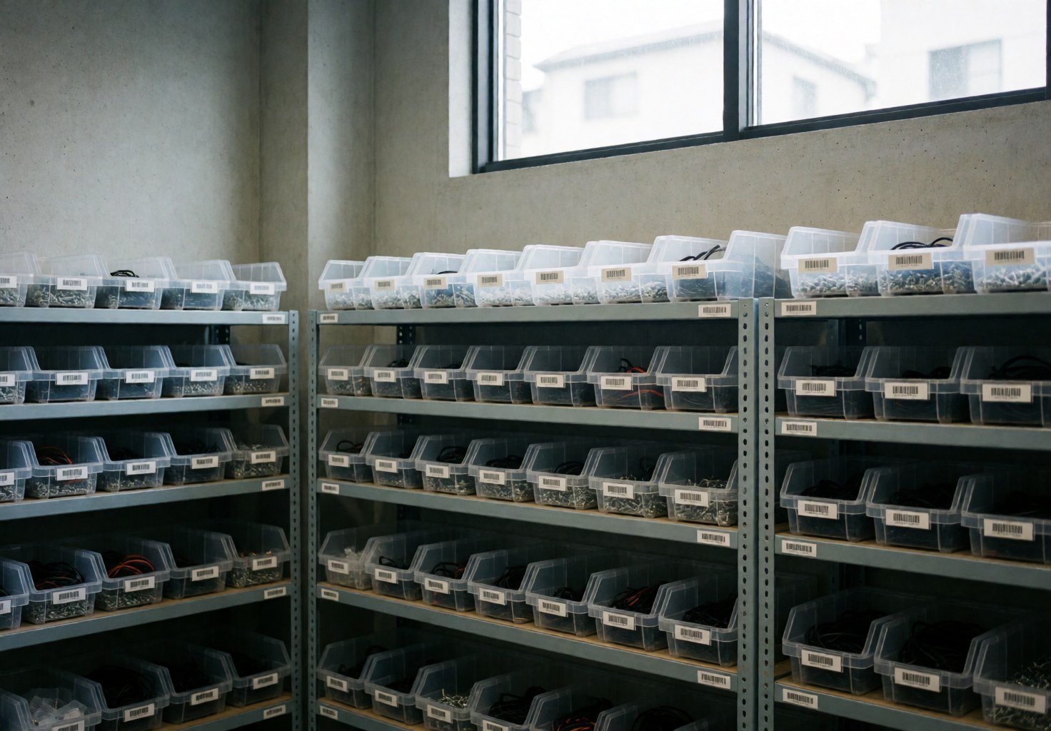 Neatly arranged metal shelves holding labeled plastic containers in a clean, well-lit computer repair workshop with polished concrete floors.