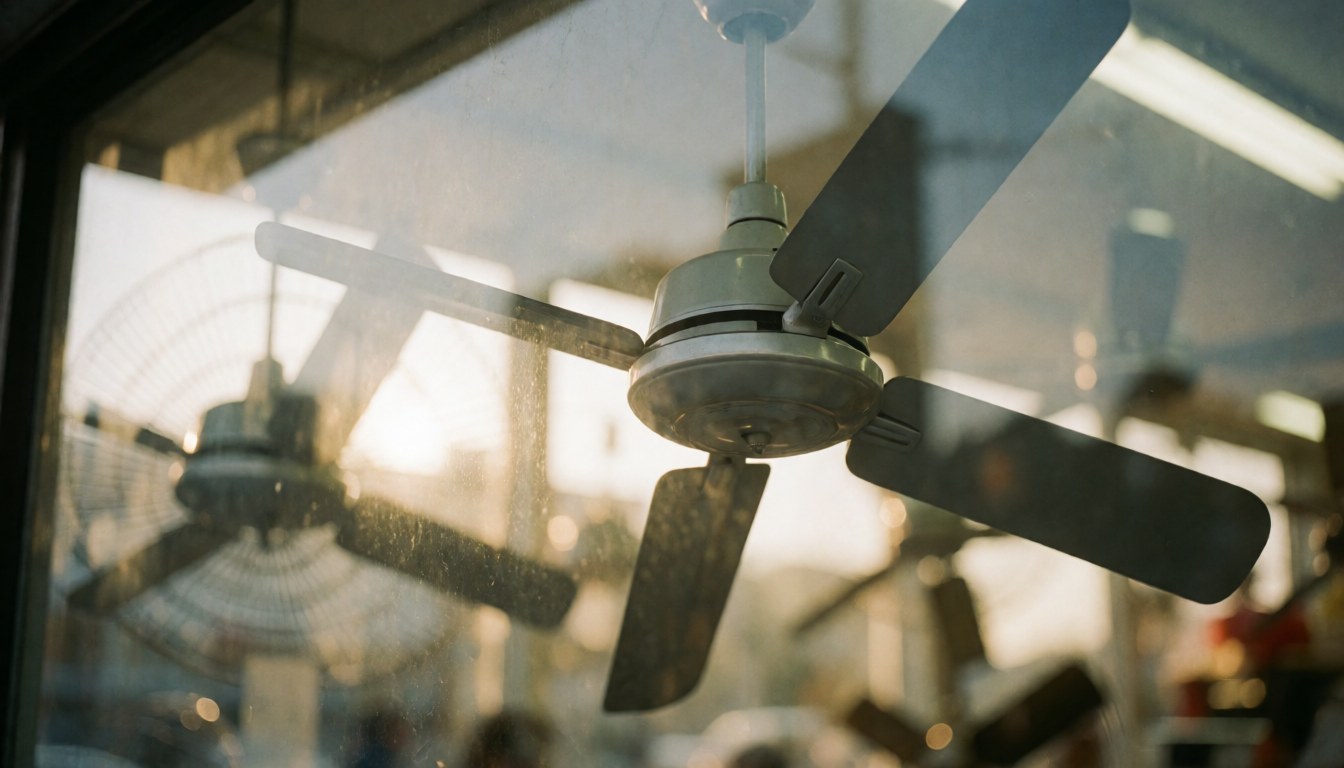 Ceiling fan inside a glass display case illuminated by warm light with a blurred background suitable for text overlay in fan repair shops