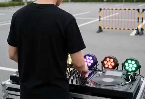 A DJ adjusts the controls on a mixer in a parking lot with stage lights, portable barriers, and asphalt visible in the background.