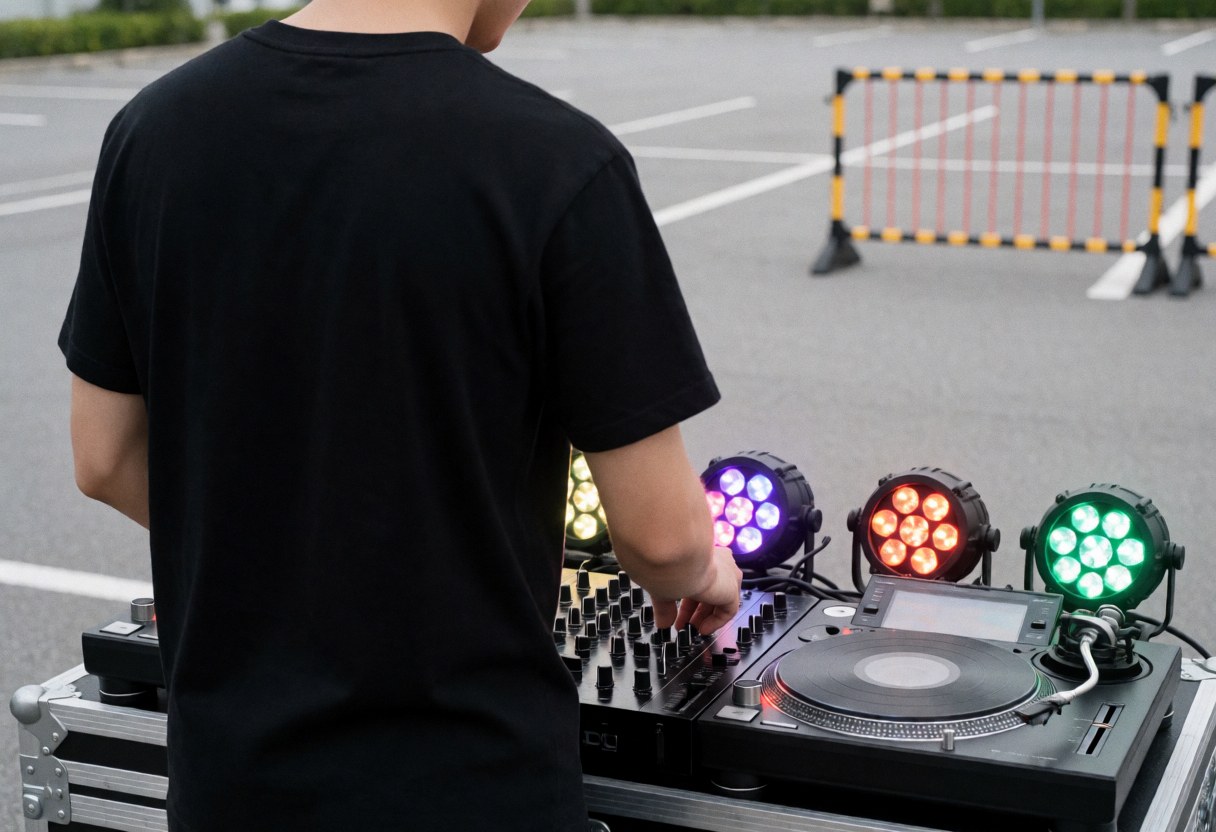 A DJ adjusts the controls on a mixer in a parking lot with stage lights, portable barriers, and asphalt visible in the background.