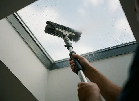 Close-up of a person using a water brush to clean a glass skylight, with water running and a blurred background.