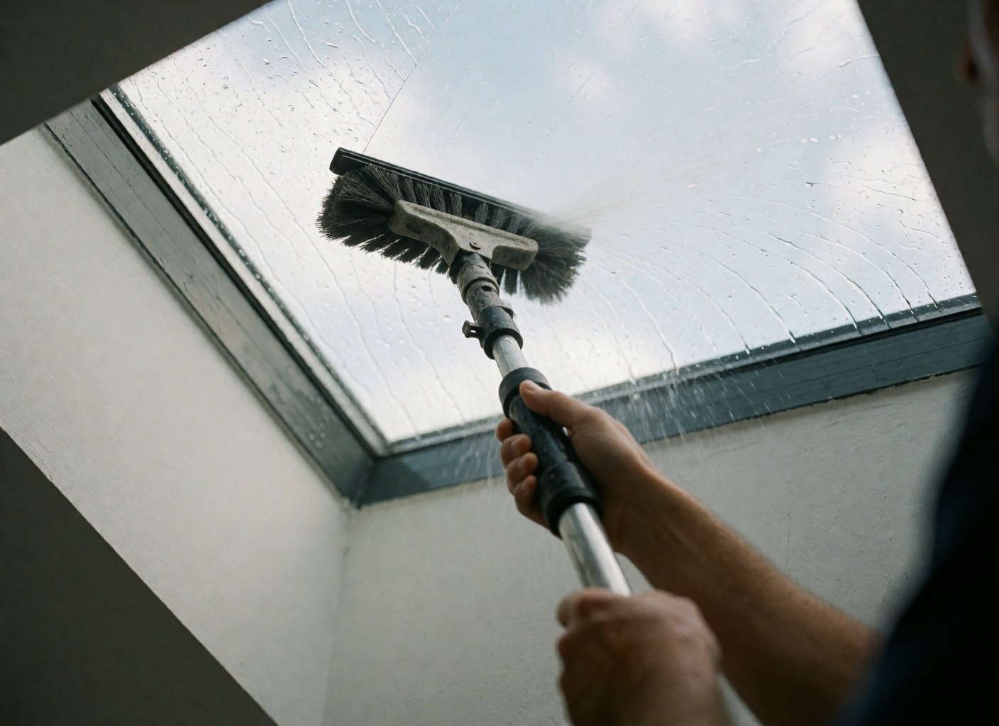 Close-up of a person using a water brush to clean a glass skylight, with water running and a blurred background.