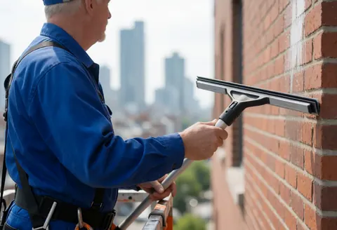 Professional window cleaner on a lift platform using a squeegee to clean a building window with a brick wall and city skyline in the background under natural daylight.