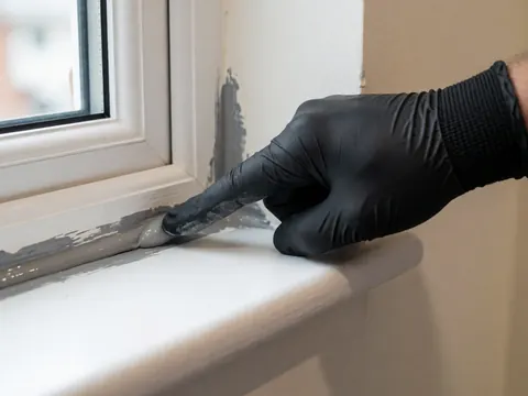 Close-up of a gloved hand applying gray silicone sealant to a white window frame, highlighting the detail of professional glass cleaning work.