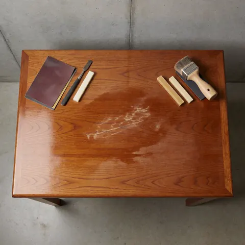 Polished wooden table showing repair marks alongside sandpaper, brush, and wax sticks on a concrete floor
