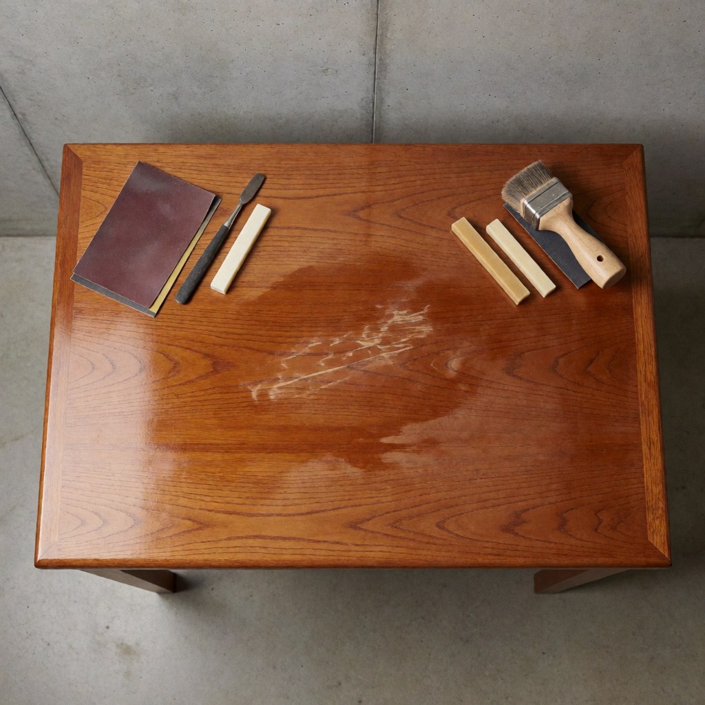 Polished wooden table showing repair marks alongside sandpaper, brush, and wax sticks on a concrete floor