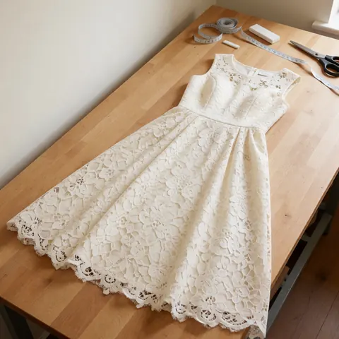 White lace dress displayed on a wooden table alongside tailor's ruler, scissors, and measuring tape in natural light
