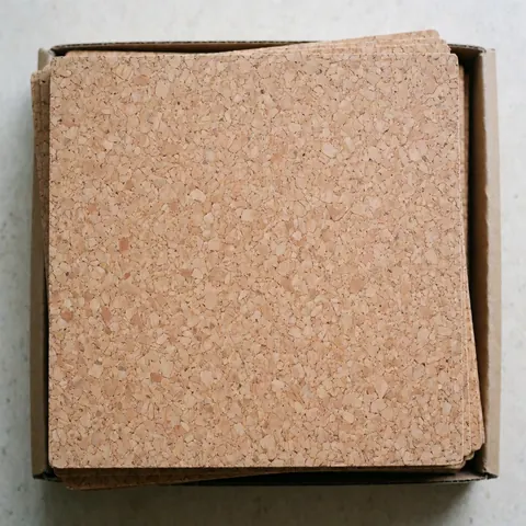 A stack of natural cork floor tiles with a granular texture inside a cardboard box, featuring soft lighting for flooring installation projects