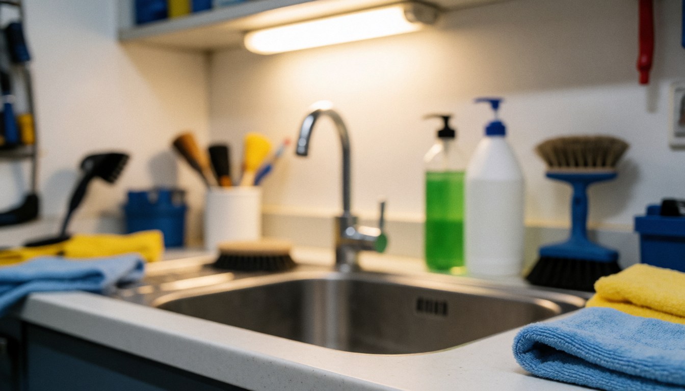 Background image of a microwave cleaning station featuring a stainless steel sink, blue and yellow towels, cleaning products, and brushes in a workshop setting.