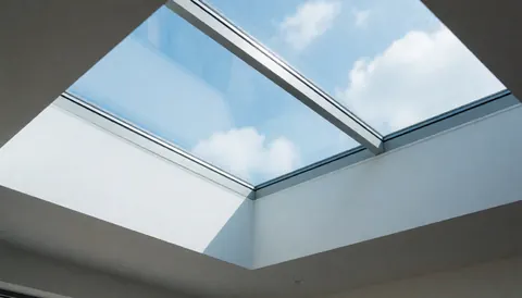 View from inside a building looking up at a clean glass roof showing a blue sky with white clouds, suitable for window cleaning text backgrounds