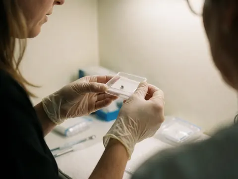 Gloved hand holding a transparent piercing sterilizer in a clinical setting with medical tools nearby