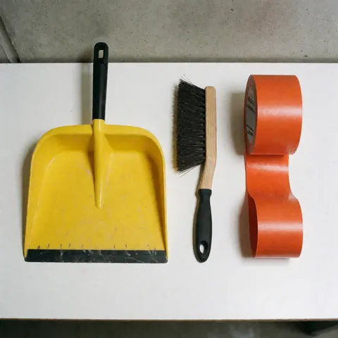 Professional glass cleaning tools including a yellow scraper, stiff bristle brush, and orange tape roll on a white background.