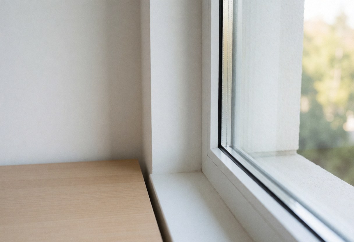 Clean office window with white frame, sunlight reflections, and light wooden desk surface ideal for glass cleaning services