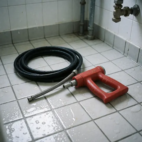 Red and black high pressure hose lying on wet tiled floor near metal plumbing pipes and faucet in a bathroom setting