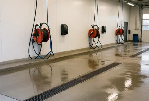Empty car wash bay featuring coiled hoses on reels, faucets, and floor drains on wet concrete.
