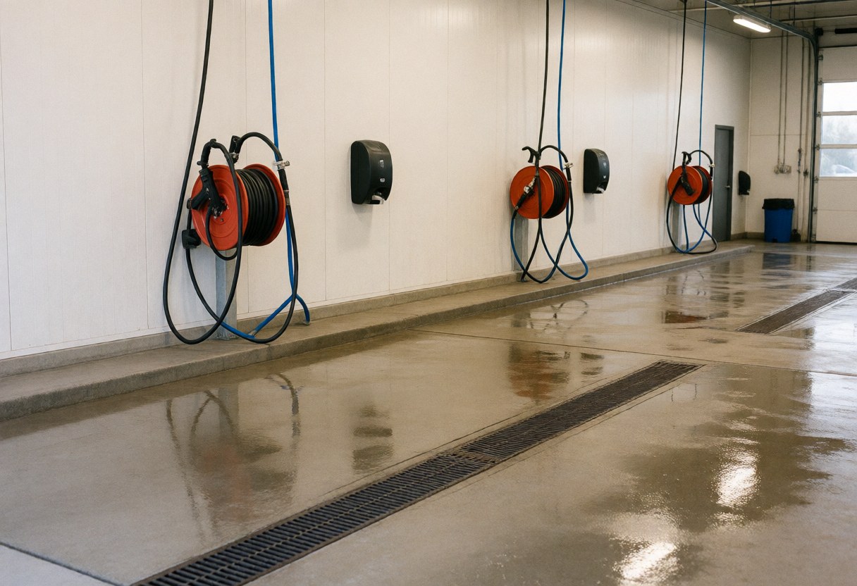 Empty car wash bay featuring coiled hoses on reels, faucets, and floor drains on wet concrete.