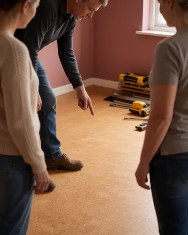 Professional cork flooring installer explaining care instructions to a happy customer in a room with pink walls and tools in the background