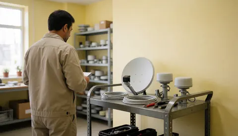 Technician in uniform checks antenna dish, LNB, and cable on a metal cart in a yellow-walled workshop with parts shelves