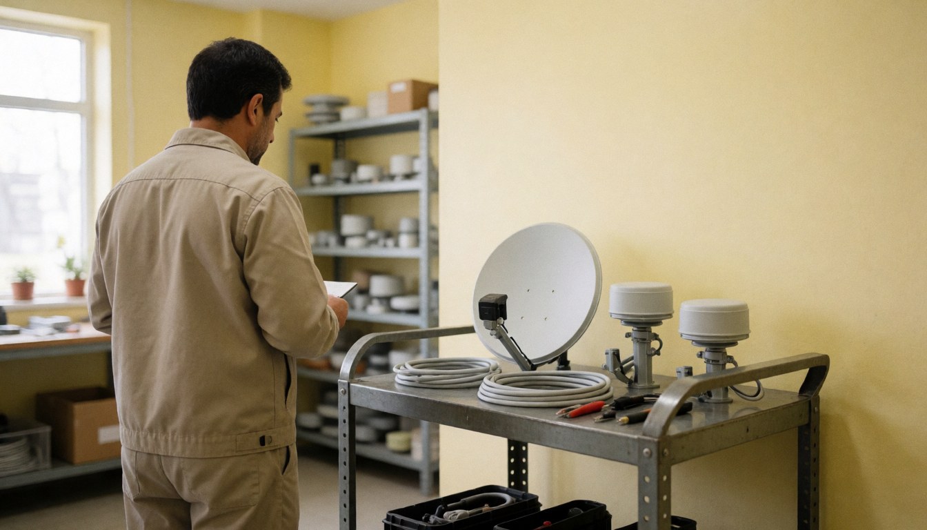 Technician in uniform checks antenna dish, LNB, and cable on a metal cart in a yellow-walled workshop with parts shelves