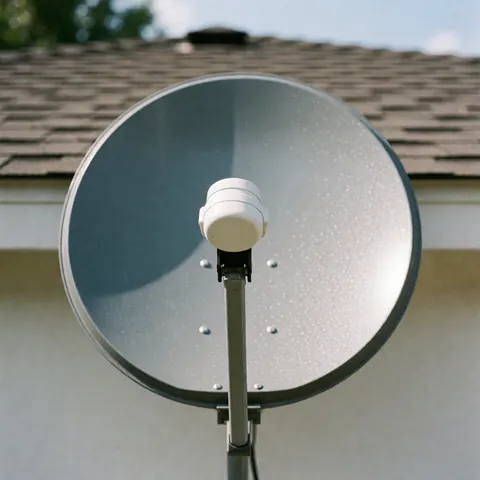 White high-gain satellite dish with LNB mounted on a tiled roof against a white wall under natural light